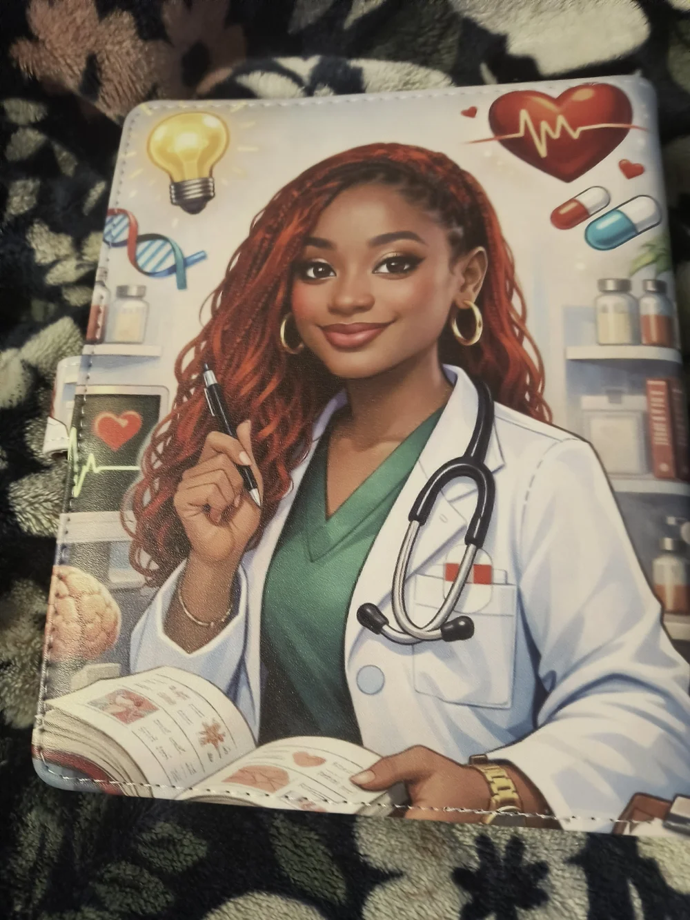 Doctor Illustration Tablet or Notebook Cover - Red Hair, Green Scrubs, A5 Binder